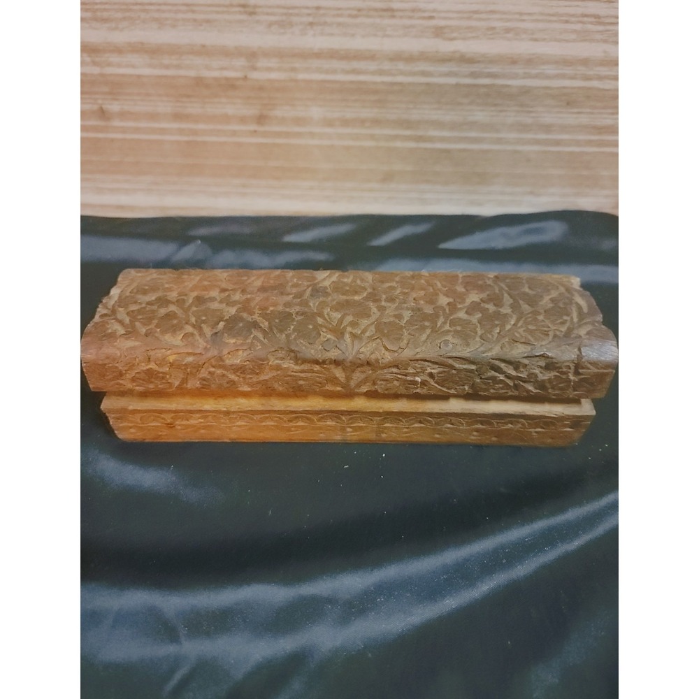 Vintage Hand Carved Floral Wooden Pencil Box Hinged Lid 8 Inch